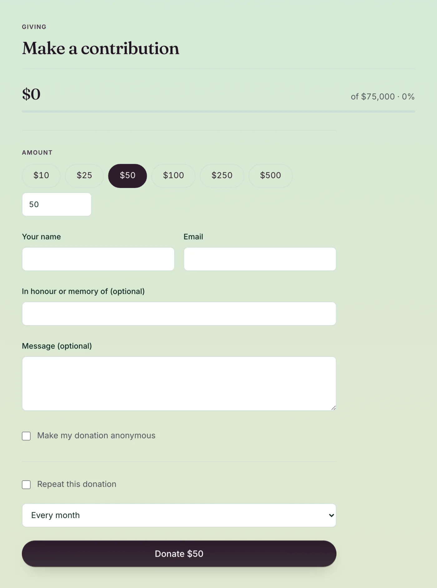 A donation section showing a running total against a fundraising goal, with recent gifts listed.