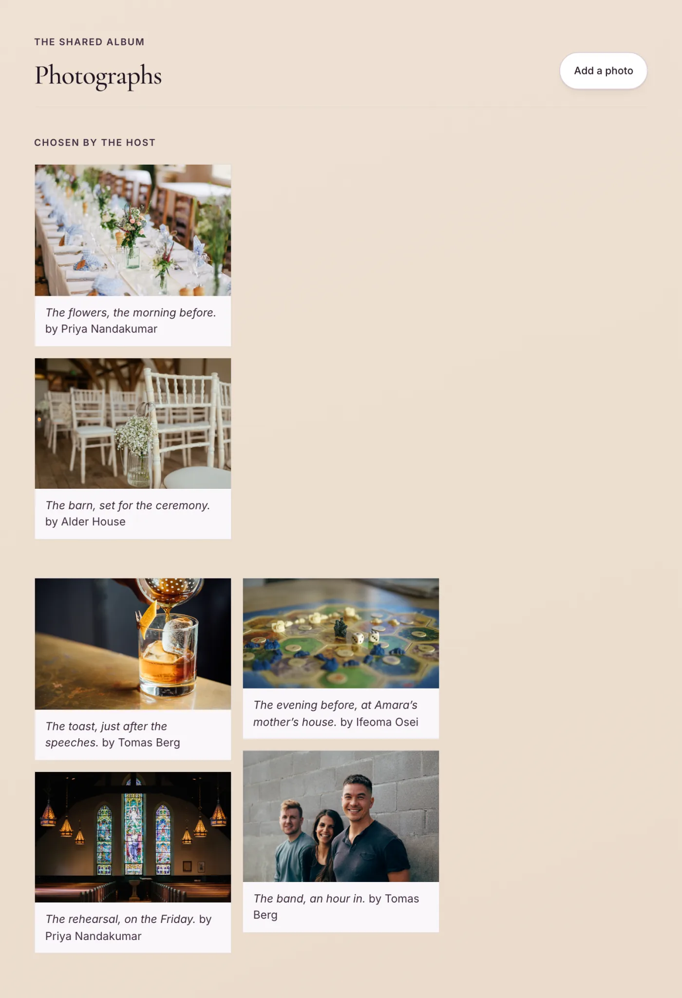 A photo gallery of images uploaded by guests and approved by the host.